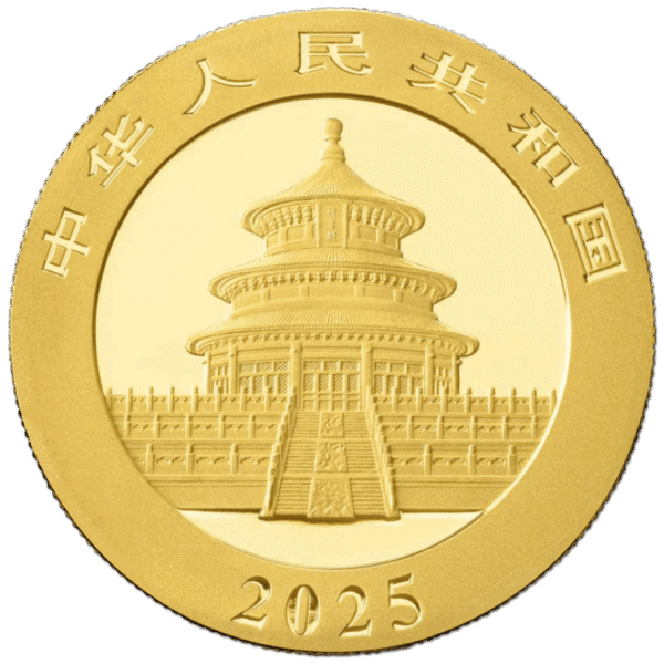 moeda de 1 grama de ouro (1g de ouro) - Panda China 2025 (verso)