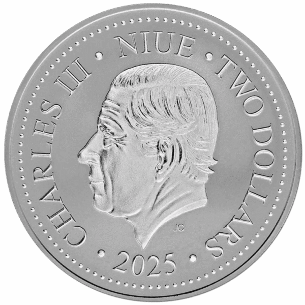 moeda de 1 onça de prata (1oz de prata) - Phoenix Niue 2025 (anverso)